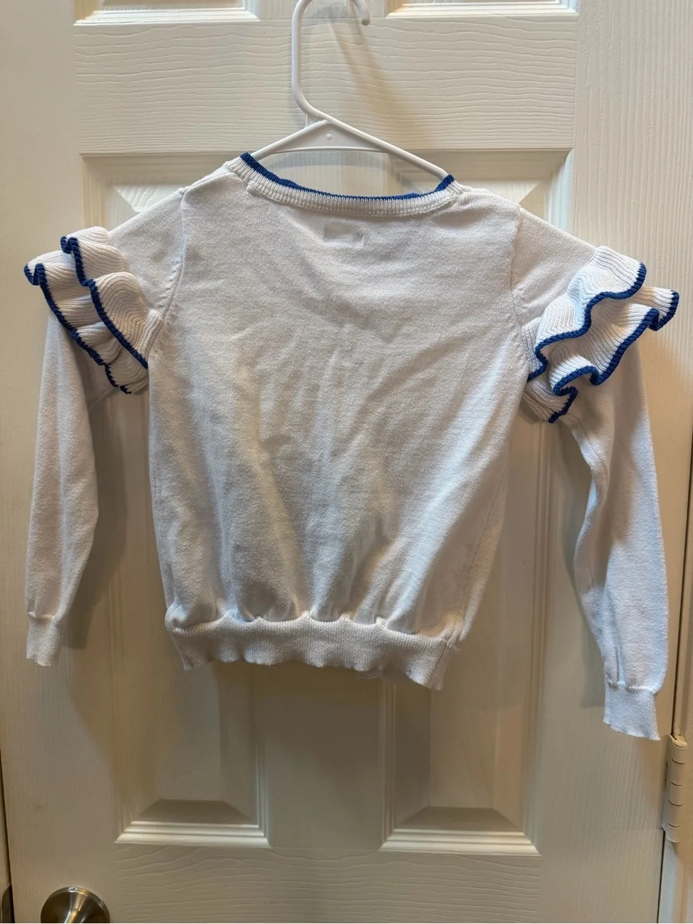 Gymboree White Cardigan with Blue Trim and Ruffle Sleeves size 5